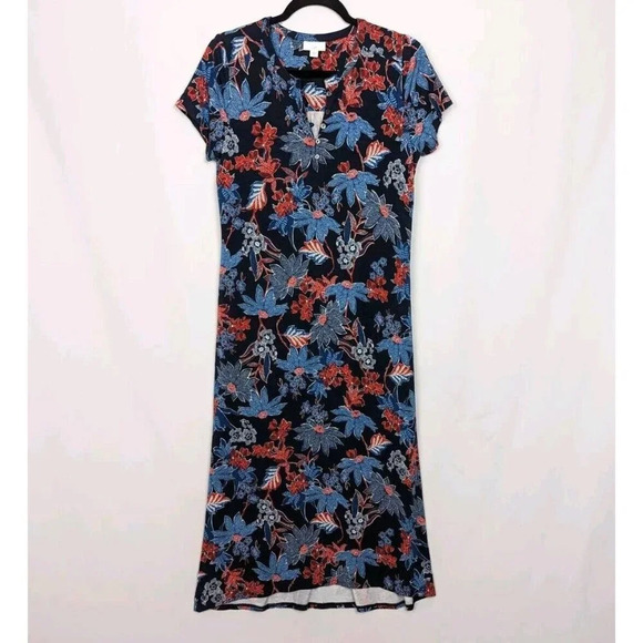 J Jill S 1/4 Button Long Maxi Dress Floral TROPICAL Knit Sleeveless Summer - Picture 1 of 11